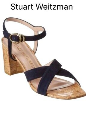 Stuart Weitzman Navy Analeigh Suede Cork Block Heel Sandals with Gold Buckle Sz6